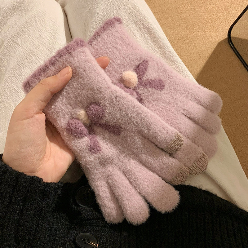 蝴蝶结分指手套女冬季ins加绒加厚毛绒保暖骑行针织可爱少女潮