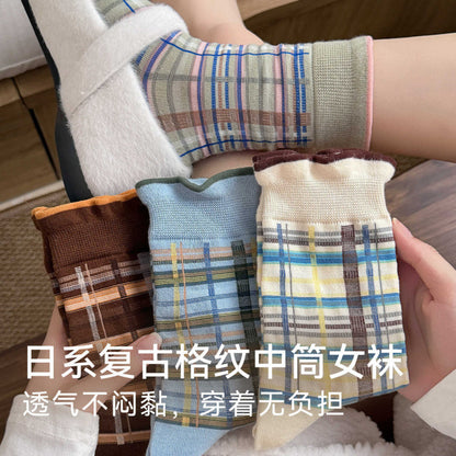 远润家日系复古格子条纹袜子中筒女秋冬新款百搭无骨堆堆袜