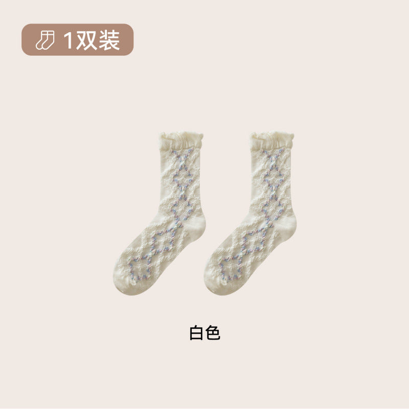 远润家秋冬复古森系立体浮雕花边中筒袜子女森系无骨堆堆棉袜