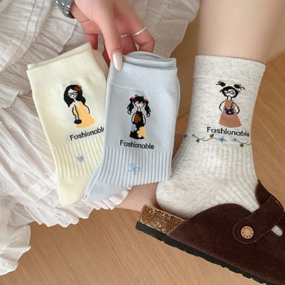 远润家袜子无骨女袜秋冬微压韩系ins潮童趣文艺学院风中筒袜精梳