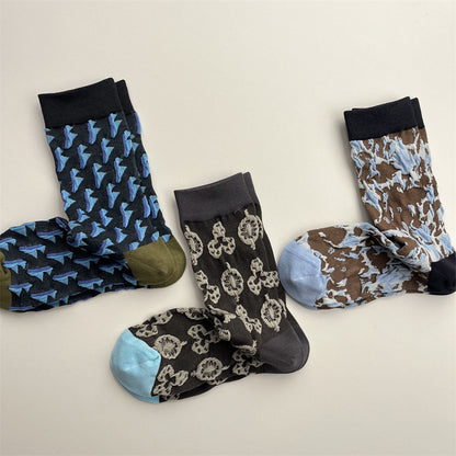 欧货个性蓝调肌理浮雕袜子女秋冬ins潮小众不规则几何图案中筒袜