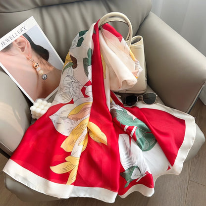 油画花卉丝巾仿真丝长巾薄款缎面围巾温柔穿搭细窄长条小领巾批发