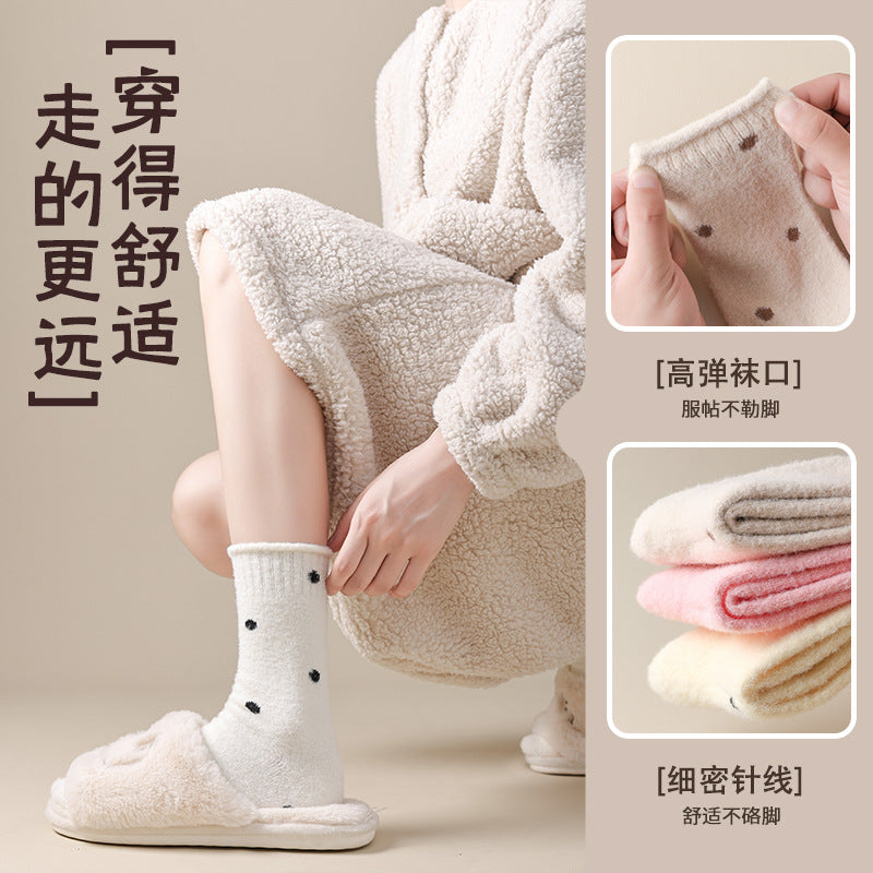 阿程家批发袜子女款秋冬加绒加厚保暖绒月子袜睡眠波点卷边堆堆袜