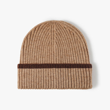 Khaki contrast stripe ribbed cuffed knit beanie product view