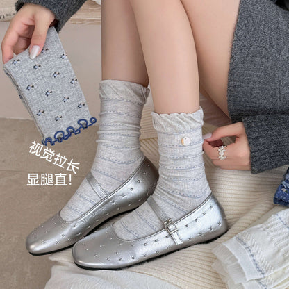 远润家秋冬韩系海盐蓝木耳花边中筒女袜复古百搭无骨堆堆棉袜