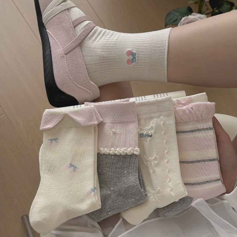 2026新款芭蕾风袜子女款甜美珍珠中筒袜春秋学院风蝴蝶结堆堆长袜