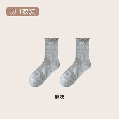远润家秋冬新款小清新公主风中筒袜子女珍珠花边甜美无骨袜