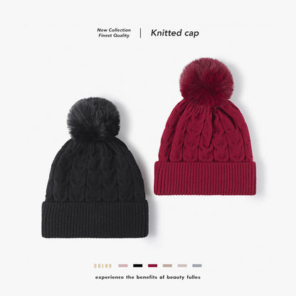 Pink plush lined cable knit pom beanie overview