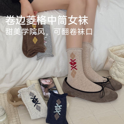 CHEEMY FREE卷边菱格蝴蝶结中筒女袜秋冬复古饰品无骨棉堆堆袜女