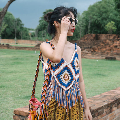 Crosa Bohemian Fringe Tassel Open-Knit Tank Top showing knit texture and tassel detail