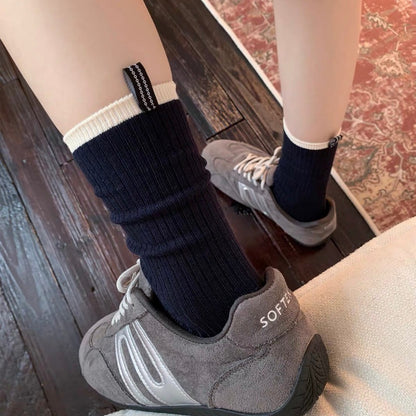 奶白色条纹袜子女秋季纯棉布标中筒袜ins潮韩版学院风长袜堆堆袜