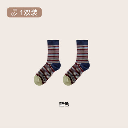 远润家秋冬复古条纹袜子女春百搭老钱风撞色无骨堆堆棉袜女