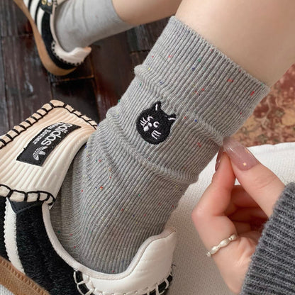 可爱卡通袜子女生秋季纯棉中筒袜ins潮小狗刺绣长袜点子纱堆堆袜