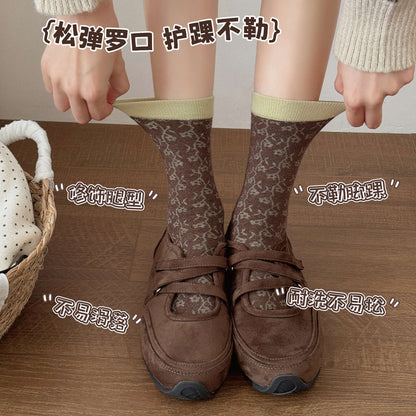 CHEEMY FREE秋冬复古浮雕提花木耳边文艺小清新中筒袜袜子女堆堆