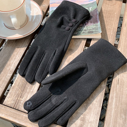 Product image for Gloving - Fuzzy Texture Pleated-Cuff Button-Detail Gloves (Black)