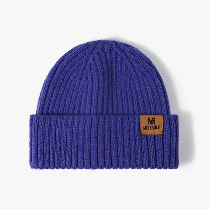Blue label patch ribbed knit beanie