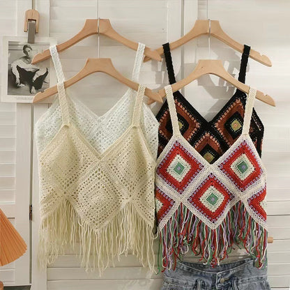 Crosa Checkered Bohemian Tassel Camisole Tank Top showing tassel detail