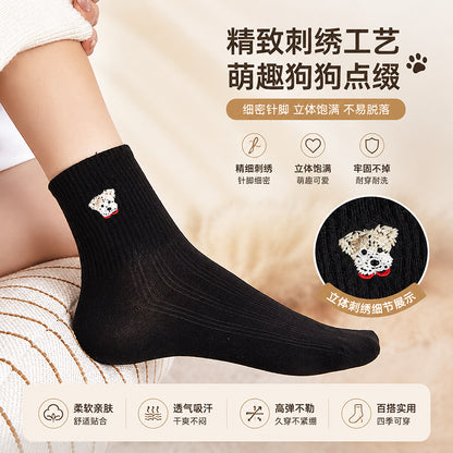 春秋卡通刺绣无骨中筒袜女士蝴蝶结花边透气亲肤可爱休闲长袜