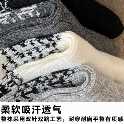 秋冬费尔岛穿搭袜子女双针双路女中筒袜无线头抗起球堆堆袜批发