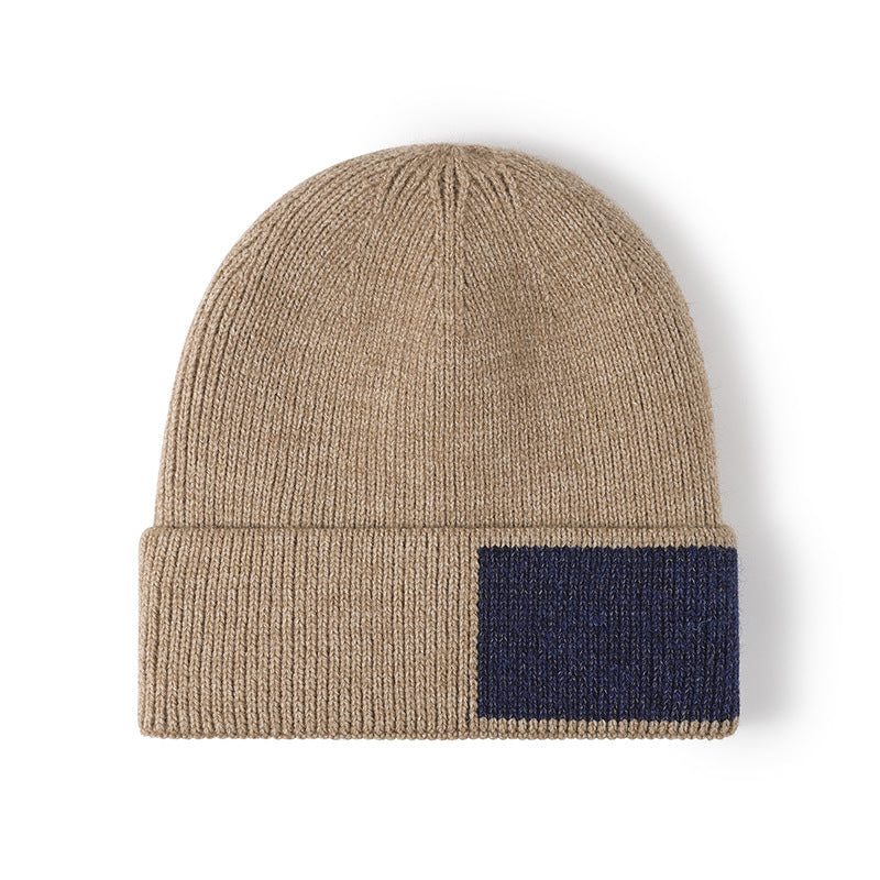 Navy faux fur-lined contrast patch knit beanie product view