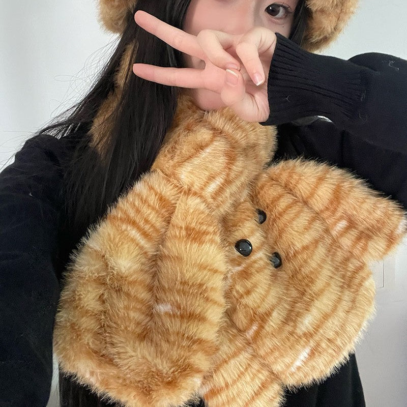 2024新款毛茸茸可爱小熊豹纹渔夫帽子女冬季加厚保暖卡通围巾围脖