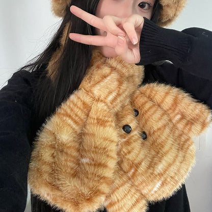 2024新款毛茸茸可爱小熊豹纹渔夫帽子女冬季加厚保暖卡通围巾围脖