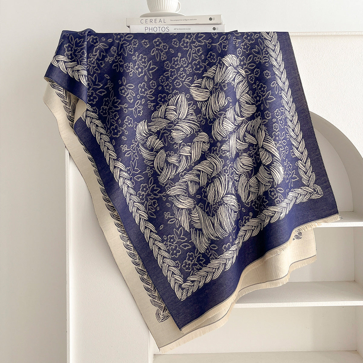 Product image for Scarvii - Floral Braid-Like Border Fringe Scarf (Navy)