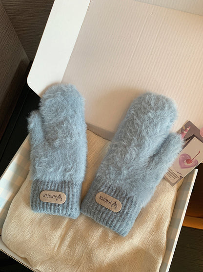 冬天保暖加厚绒手套韩版女套指毛绒秋季手套防寒针织骑车手套
