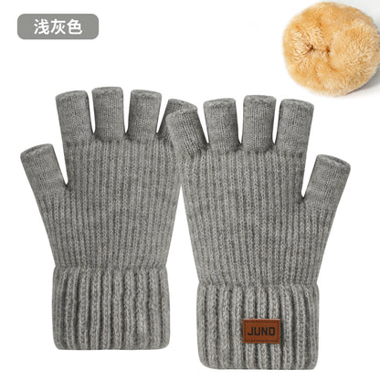 秋冬季漏指手套加绒针织防寒保暖半截写字毛线加厚半指手套