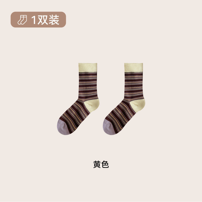 远润家秋冬复古条纹袜子女春百搭老钱风撞色无骨堆堆棉袜女