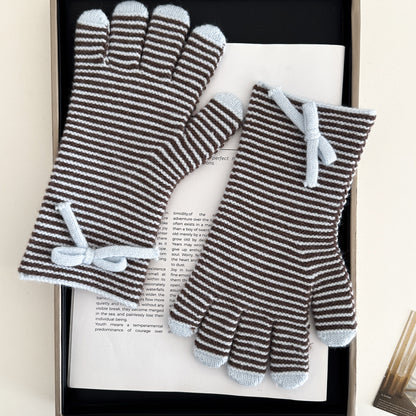 Product image for Gloving - Striped Bow Detail Ribbed Knit Gloves (Brown)