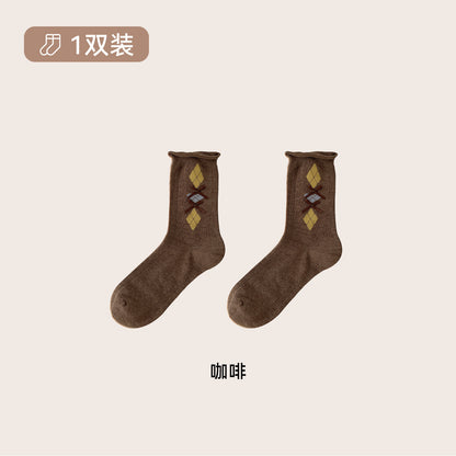 CHEEMY FREE卷边菱格蝴蝶结中筒女袜秋冬复古饰品无骨棉堆堆袜女