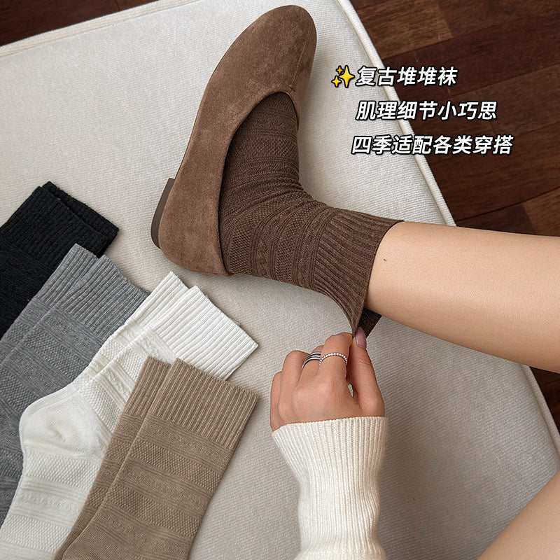 阿程家批发袜子女款秋冬复古日系针织中筒袜纯色软糯棉袜堆堆袜子