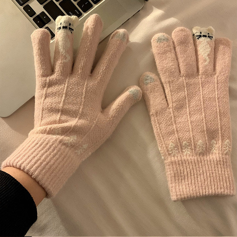 新年红色分指手套女冬天学生可爱猫咪韩版加厚毛绒骑行保暖冬季潮