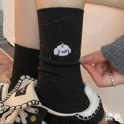 可爱卡通袜子女生秋季纯棉中筒袜ins潮小狗刺绣长袜点子纱堆堆袜