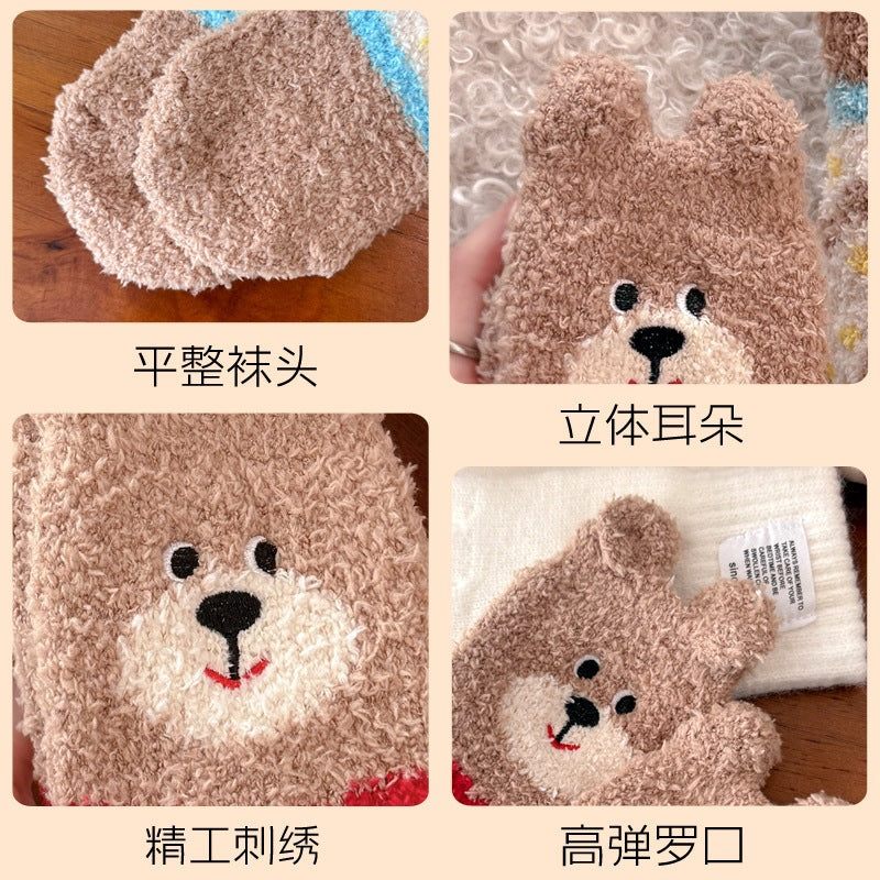 批发半边绒女秋冬保暖松口地板袜日系卡通毛绒月子睡眠袜小熊