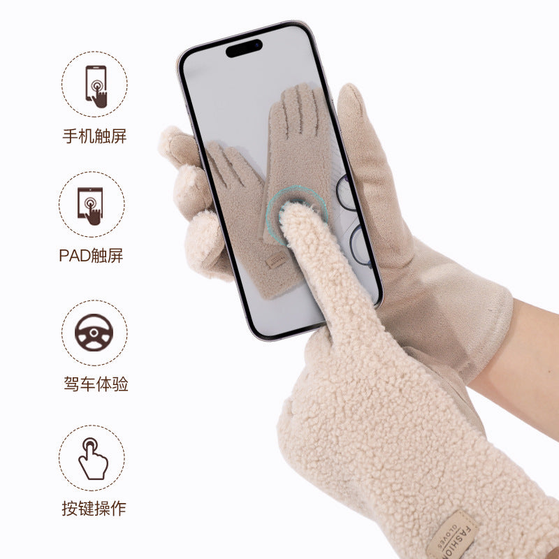 冬季手套男鹿皮羊羔绒保暖手套女骑行滑雪手套加绒加厚触屏手套男