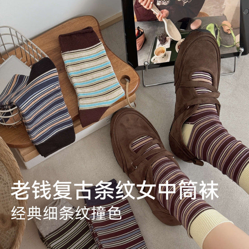 远润家秋冬复古条纹袜子女春百搭老钱风撞色无骨堆堆棉袜女