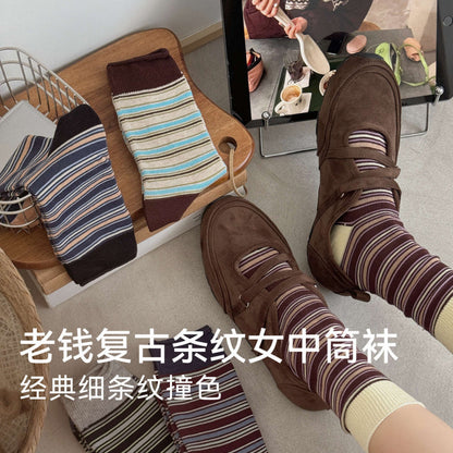 远润家秋冬复古条纹袜子女春百搭老钱风撞色无骨堆堆棉袜女