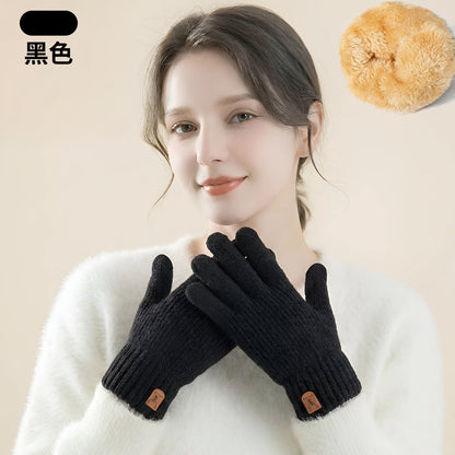新款触屏手套冬季女士针织手套防寒双层加绒加厚户外骑行保暖手套