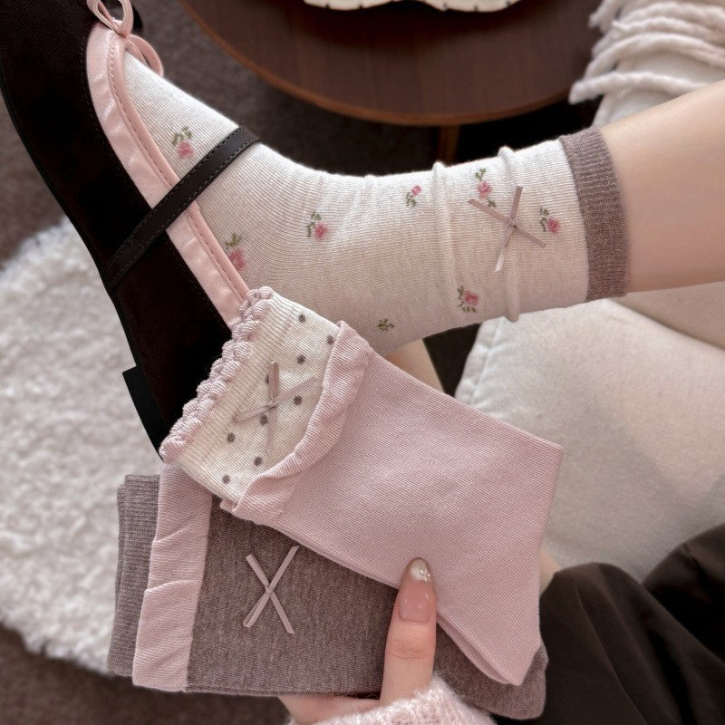 Rufia - Small Bow Detail Shaped-Heel Crew Socks