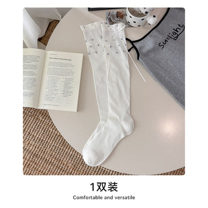 灰色蝴蝶结袜子女中筒袜纯棉夏季薄款日系jk芭蕾风堆堆袜波点长袜