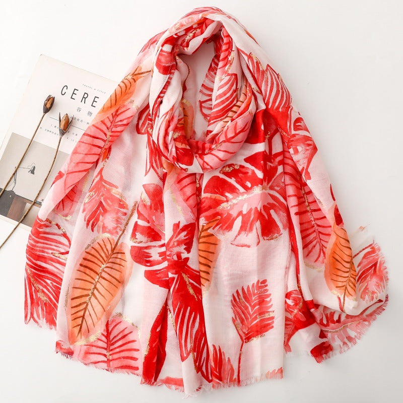 Red tropical leaf foil wrap scarf product view