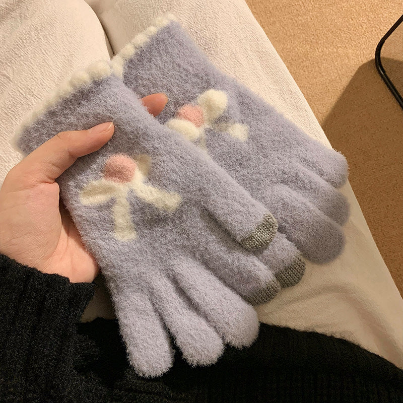 蝴蝶结分指手套女冬季ins加绒加厚毛绒保暖骑行针织可爱少女潮