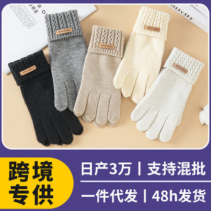 冬季针织毛线加绒加厚保暖户外骑行五指可触屏男士女士厂家手套