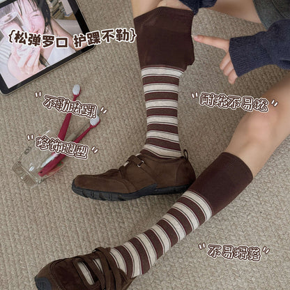 CHEEMYFREE秋冬保暖复古文艺撞色拼条中长筒小腿女袜显瘦小腿女袜