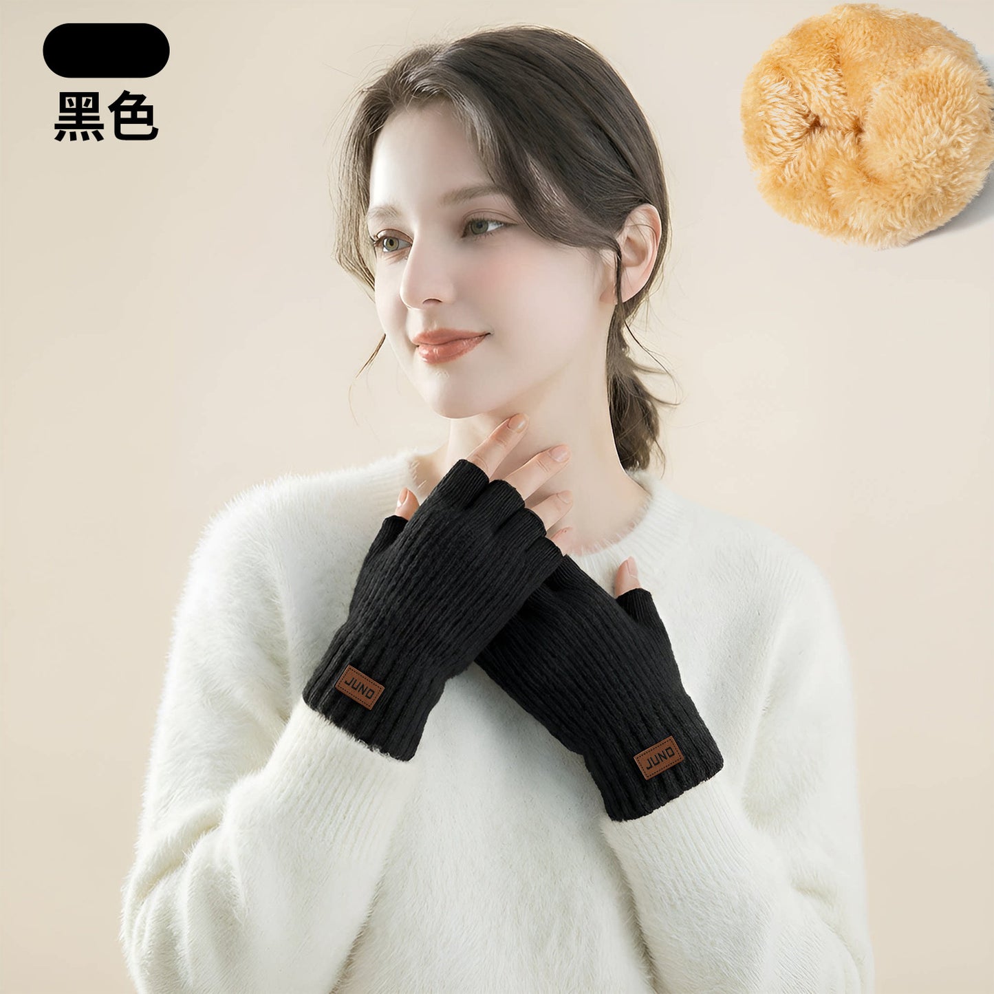女士加厚漏指手套秋冬季针织加绒半截防寒写字保暖双层半指手套