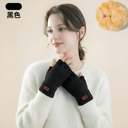 女士加厚漏指手套秋冬季针织加绒半截防寒写字保暖双层半指手套