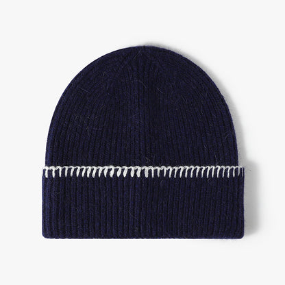 Navy contrast-stitch cuffed knit beanie product view