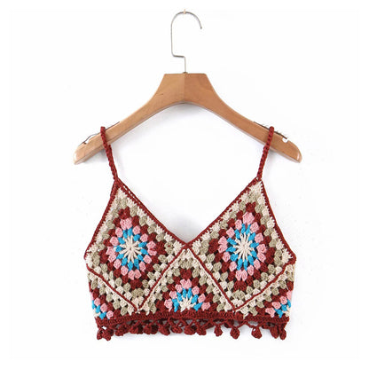 Front view of Crosa Bohemian tassel crochet tank top in cream color